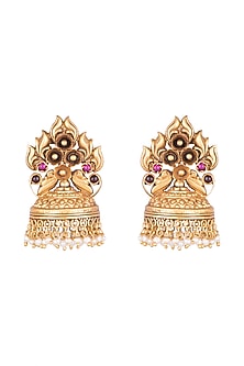 Gold Plated Pink Glass Stones & White Bead Jhumka Earrings