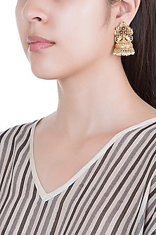 Gold Plated Pink Glass Stones & White Bead Jhumka Earrings