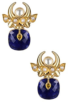 Gold Plated Lapis Lazuli And Pearl Cabochons Crescent Earrings
