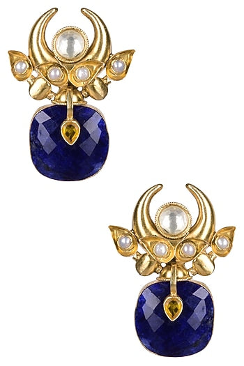 Gold Plated Lapis Lazuli And Pearl Cabochons Crescent Earrings
