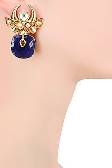 Gold Plated Lapis Lazuli And Pearl Cabochons Crescent Earrings