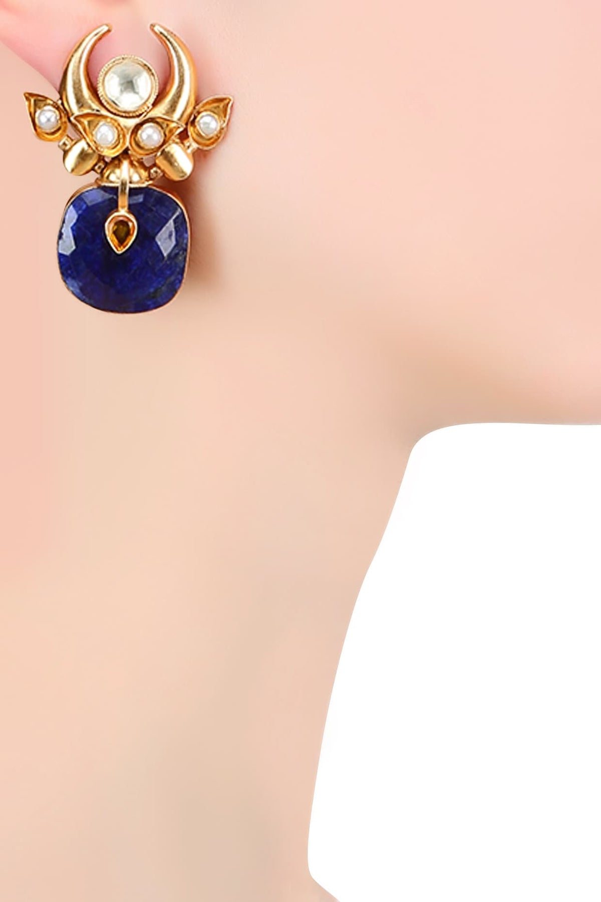 Gold Plated Lapis Lazuli And Pearl Cabochons Crescent Earrings