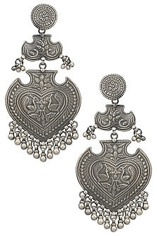 Silver Finish Textured Leaf Shaped Earrings