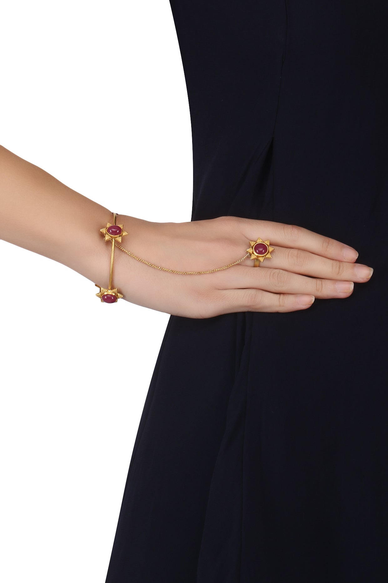 Gold Plated Textured Flower and Ruby Stones Haath Phool