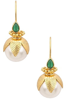 Gold Plated Green Onyn and Pearl Drop Earrings