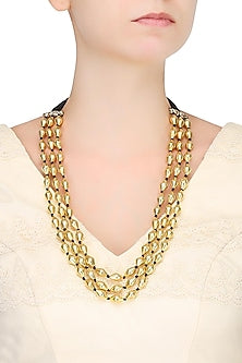 Gold Plated Dholki Shaped Beads Triple Strand Necklace