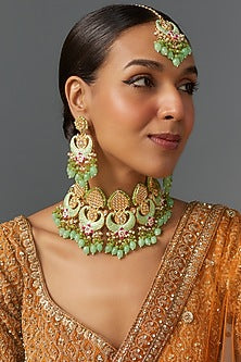 Gold Finish Kundan Polki & Aqua Stone Choker Necklace Set