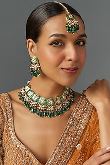 Gold Kundan Polki & Green Stone Meenakari Choker Necklace Set