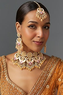 Gold Kundan Polki & Peach Stone Choker Necklace Set