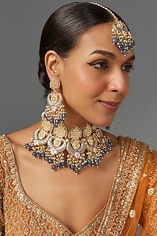 Gold Kundan Polki & Grey Stone Choker Necklace Set