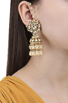 Gold Finish Polki and Pearl Jhumki Earrings
