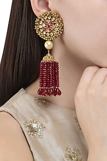 Gold Finish Polki and Ruby Stone Tassel Earrings