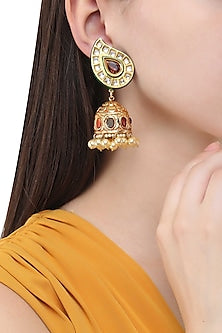 Gold Finish Polki and Ruby Stone Jhumki Earrings