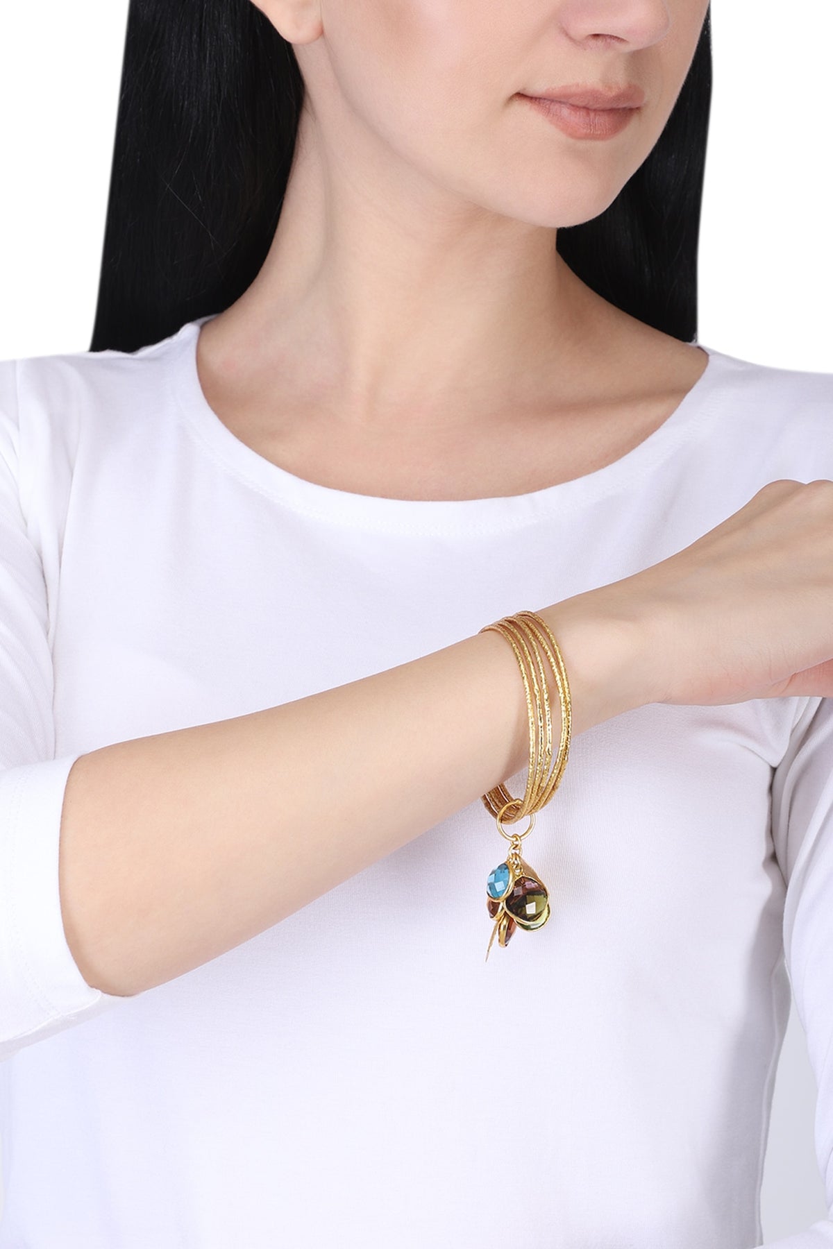 Set of 5 gold plated multi colored topaz stone bangles