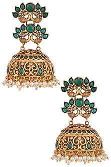 Gold plated onxy and pearls jhumki earrings