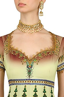 Gold Finish Polki Stone and Pearl Choker Necklace Set