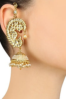 Golden Finish Peacock Kundan Earcuff with Jhumki Earrings