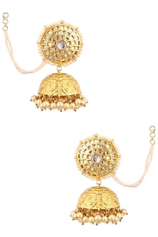 Gold Finish Kundan and Pearl Textured Jhumki Earrings