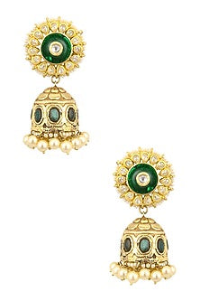 Golden Onyx Stones and Pearls Green Enamelled Jhumki Earrings