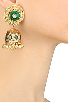 Golden Onyx Stones and Pearls Green Enamelled Jhumki Earrings