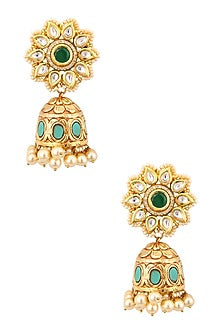 Golden Green Onyx Kundan Textured Jhumki Earrings
