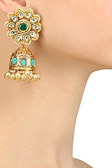 Golden Green Onyx Kundan Textured Jhumki Earrings
