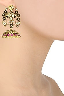 Gold Plated Kundan and Pink Semi Precious Stone Jhumki Earrings