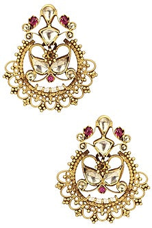Gold Plated Kundan and Pink Semi Precious Stone Earrings
