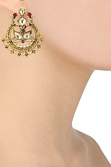 Gold Plated Kundan and Pink Semi Precious Stone Earrings