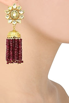 Antique Gold Finish Ruby Tasseled Jhumki Earrings