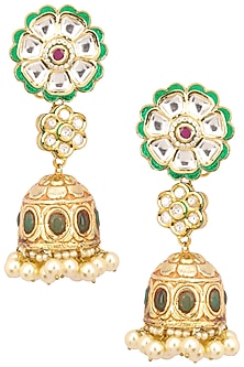 Antique Gold Finish Polki and Pearl Jhumki Earrings