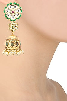 Antique Gold Finish Polki and Pearl Jhumki Earrings