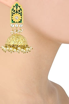 Antique Gold Finish Green Enamel Jhumki Earrings