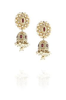 Golden Earring with polki, pearl & ruby stone textured jhumki