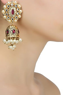 Golden Earring with polki, pearl & ruby stone textured jhumki