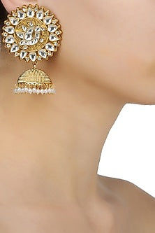 Golden textured Earring with peacock polki jhumki