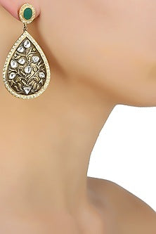 Golden Earring with Green stone top, textured paan hanging polki