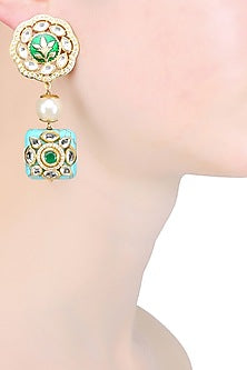 Gold Finish Enamelled Polki And Turquoise Stone Earrings