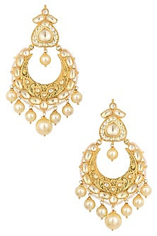 Gold Finish Polki And Pearl Textured Chandbali Earrings