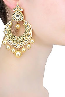 Gold Finish Polki And Pearl Textured Chandbali Earrings
