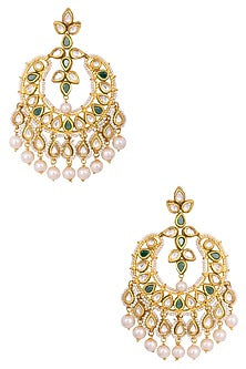 Gold Finish Polkis, Green Onyx Stone And Pearl Chandbali Earrings