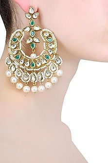 Gold Finish Polkis, Green Onyx Stone And Pearl Chandbali Earrings