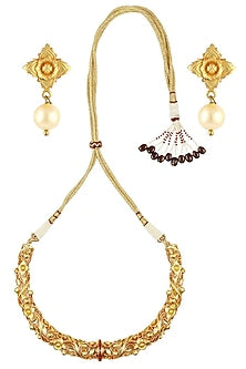 Gold finish filigree ruby stone hasli with flower pearl earrings