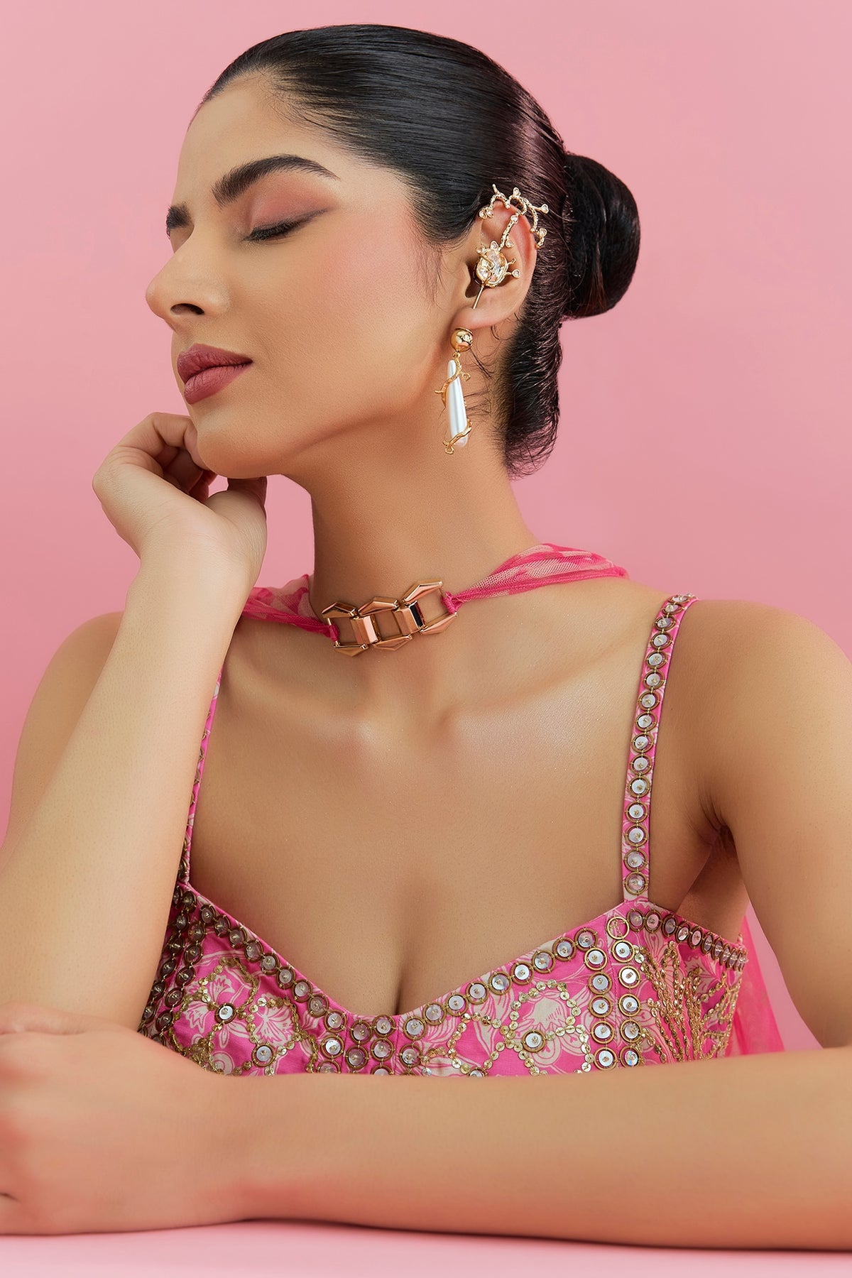 Gold Plated Faux Pearl & Cubic Zirconia Ear Crawler Earrings