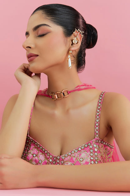 Gold Plated Faux Pearl & Cubic Zirconia Ear Crawler Earrings