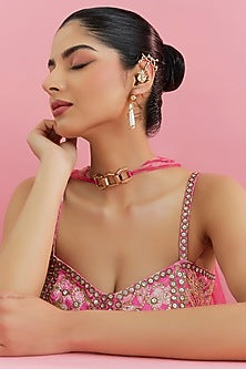 Gold Plated Faux Pearl & Cubic Zirconia Ear Crawler Earrings