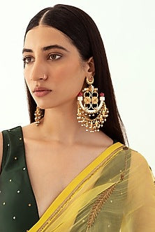 Gold Plated Faux Pearl & Red Onyx Dangler Earrings