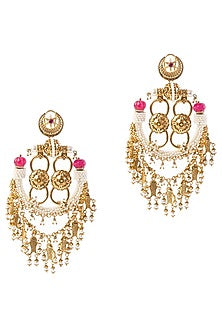 Gold Plated Faux Pearl & Red Onyx Dangler Earrings