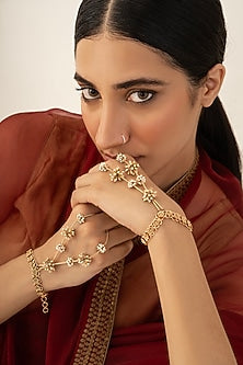 Gold Plated Faux Pearl Adjustable Hathphool (Set Of 2)