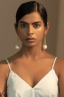 Gold Finish Pearl Dangler Earrings In Sterling Silver